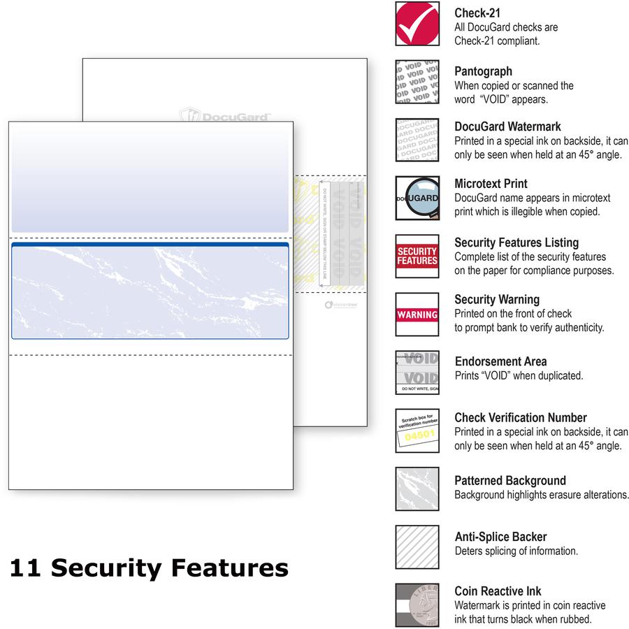 DocuGard Security Blue Marble Business Checks with 11 Features to Prevent Fraud - Letter - 8 1/2" x 11" - 24 lb Basis Weight - Smooth - 500 / Ream - Watermarked, Pantograph, Coin-reactive Ink, Microte. Picture 2