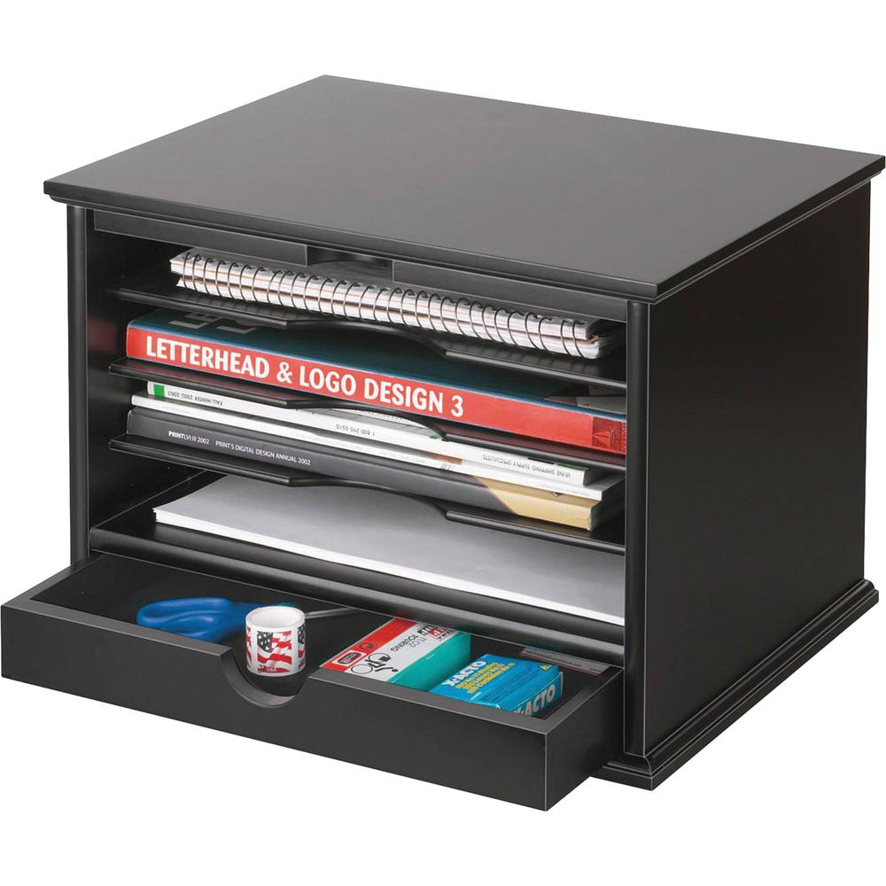 Victor 4720-5 Midnight Black Desktop Organizer - 4 Compartment(s) - 1 Drawer(s) - 14" Height x 10.8" Width x 9.8" Depth - Desktop - Black - Wood, Rubber, Faux Leather - 1Each. Picture 4