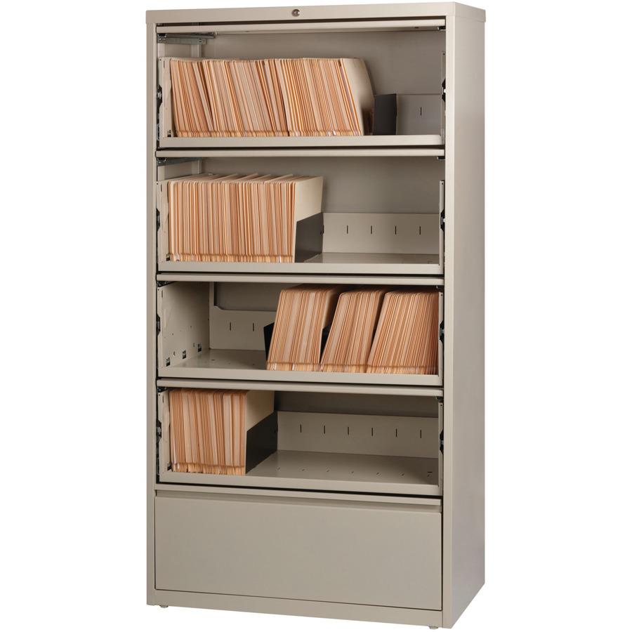 Lorell Fortress Lateral File with Roll-Out Shelf - 36" x 18.6" x 68.8" - 5 x Drawer(s) for File - A4, Legal, Letter - Ball-bearing Suspension, Recessed Handle, Leveling Glide, Heavy Duty, Interlocking. Picture 8