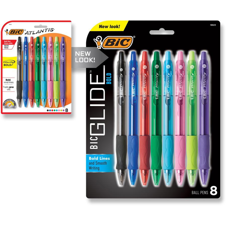 BIC Glide Bold - Bold Pen Point - 1.6 mm Pen Point Size - Refillable - Retractable - Black, Red, Green, Turquoise, Lime Green, Pink, Purple, Blue - 8 / Set. Picture 3