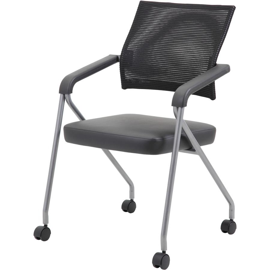 Boss Caressoft Plus Training Chair - Black Vinyl Seat - Black Mesh Back - Pewter Frame - Four-legged Base - Armrest - 2 / Carton. Picture 11