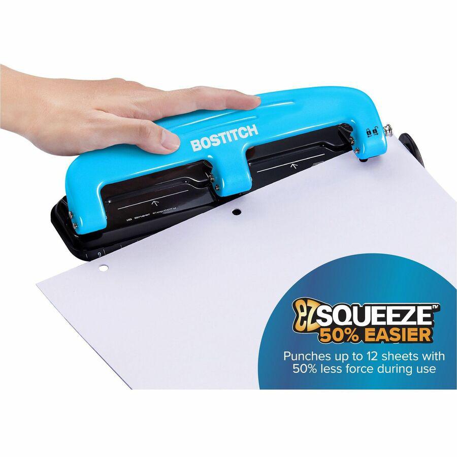 Bostitch EZ Squeeze&trade; 12 Three-Hole Punch - 3 Punch Head(s) - 12 Sheet - 9/32" Punch Size - Round Shape - 3" x 1.6" - Blue, Black. Picture 3
