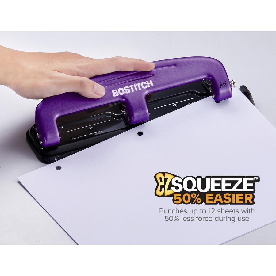 Bostitch EZ Squeeze&trade; 12 Three-Hole Punch - 3 Punch Head(s) - 12 Sheet - 9/32" Punch Size - 3" x 1.6" - Purple, Black. Picture 3