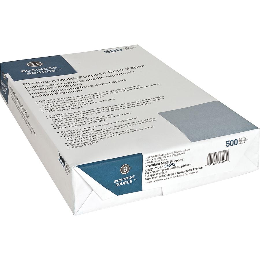 Business Source Premium Multipurpose Copy Paper - 92 Brightness - Legal - 8 1/2" x 14" - 20 lb Basis Weight - 150000 / Pallet - White. Picture 2