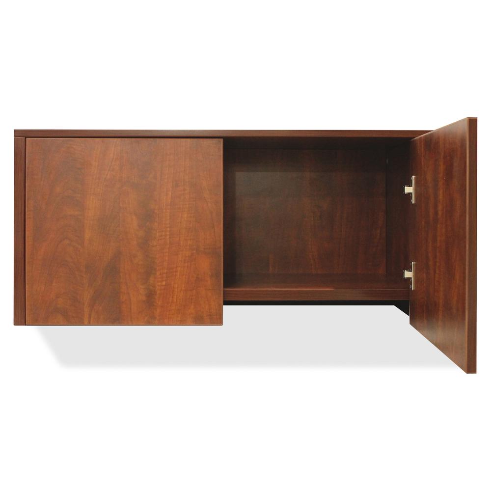 Lorell Essential Series Mahogany Wall Mount Hutch - 35.4" x 14.8" x 16.8"Hutch, 1" Side Panel, 0.6" Back Panel, 0.7" Panel, 1" Bottom Panel - Material: Polyvinyl Chloride (PVC) Edge - Finish: Mahogany. Picture 9