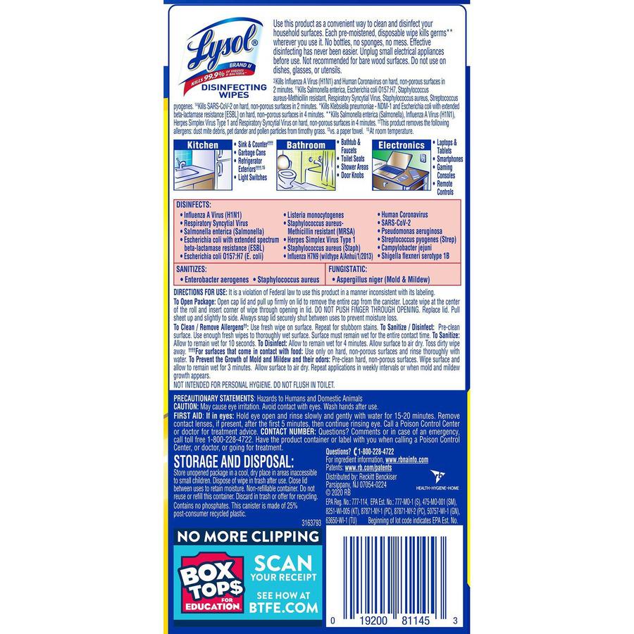 Lysol Lemon/Lime Disinfect Wipes - For Multi Surface, Multipurpose - Lemon & Lime Blossom Scent - 7" Length x 7.25" Width - 35 / Canister - 12 / Carton - Pre-moistened, Anti-bacterial, Disinfectant - . Picture 9