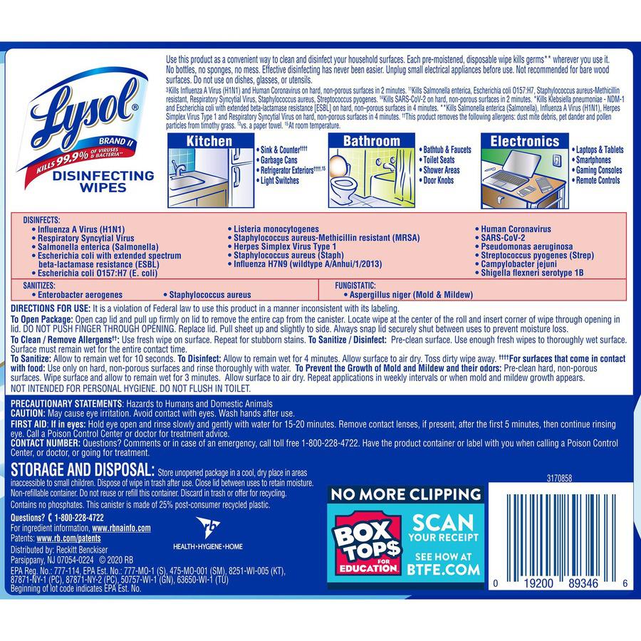 Lysol Disinfecting Wipes - Wipe - Crisp Linen Scent - 7.25" Width x 7" Length - 80 / Canister - 1 Each - White. Picture 7