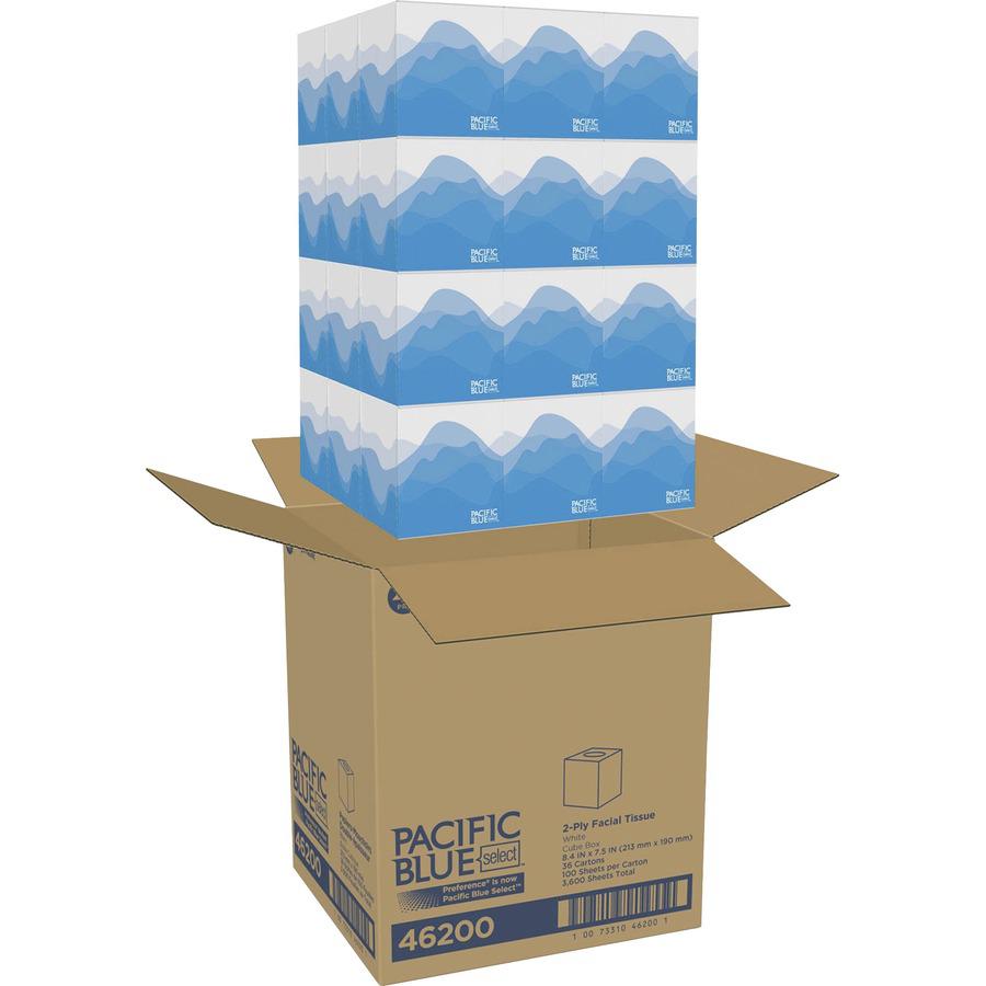 Pacific Blue Select Facial Tissue by GP Pro - Cube Box - 2 Ply - 7.65" x 8.85" - White - 100 Per Box - 36 / Carton. Picture 5