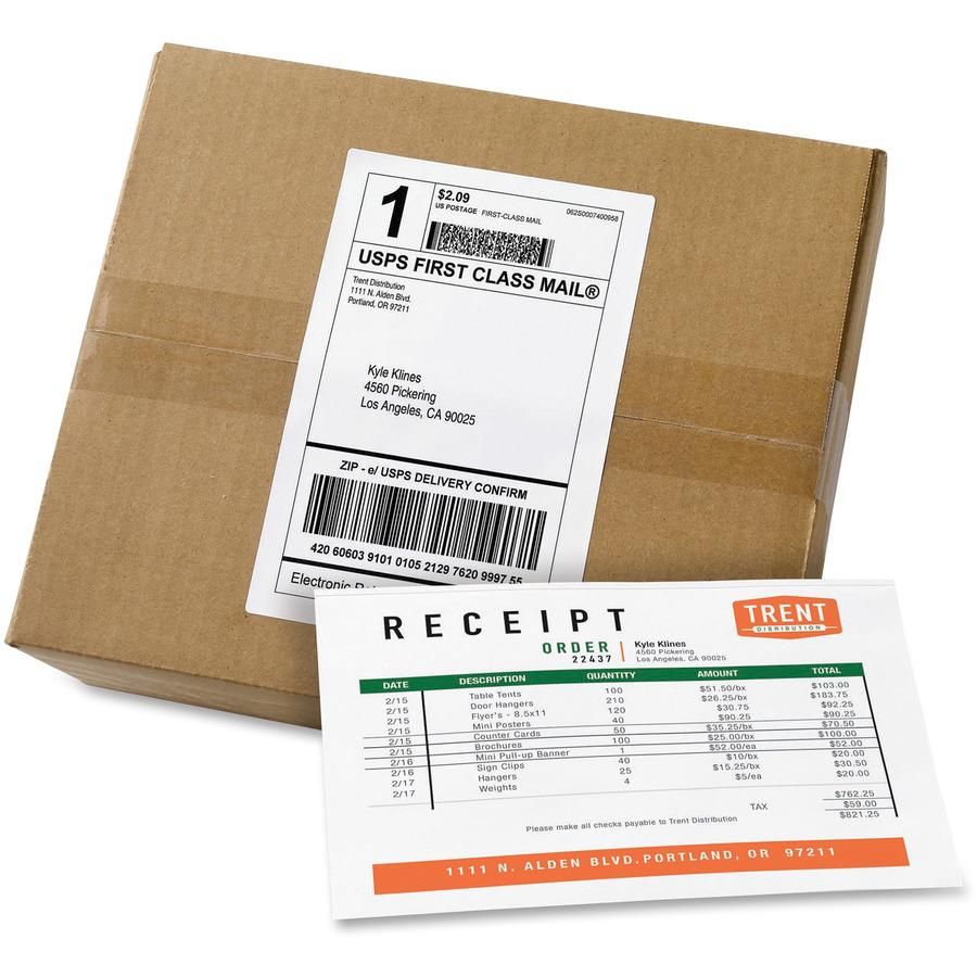 Avery&reg; Paper Receipt White Shipping Labels - 5 1/16" Width x 7 5/8" Length - Permanent Adhesive - Rectangle - Laser, Inkjet - White - Paper - 1 / Sheet - 100 Total Sheets - 100 Total Label(s) - 5. Picture 2