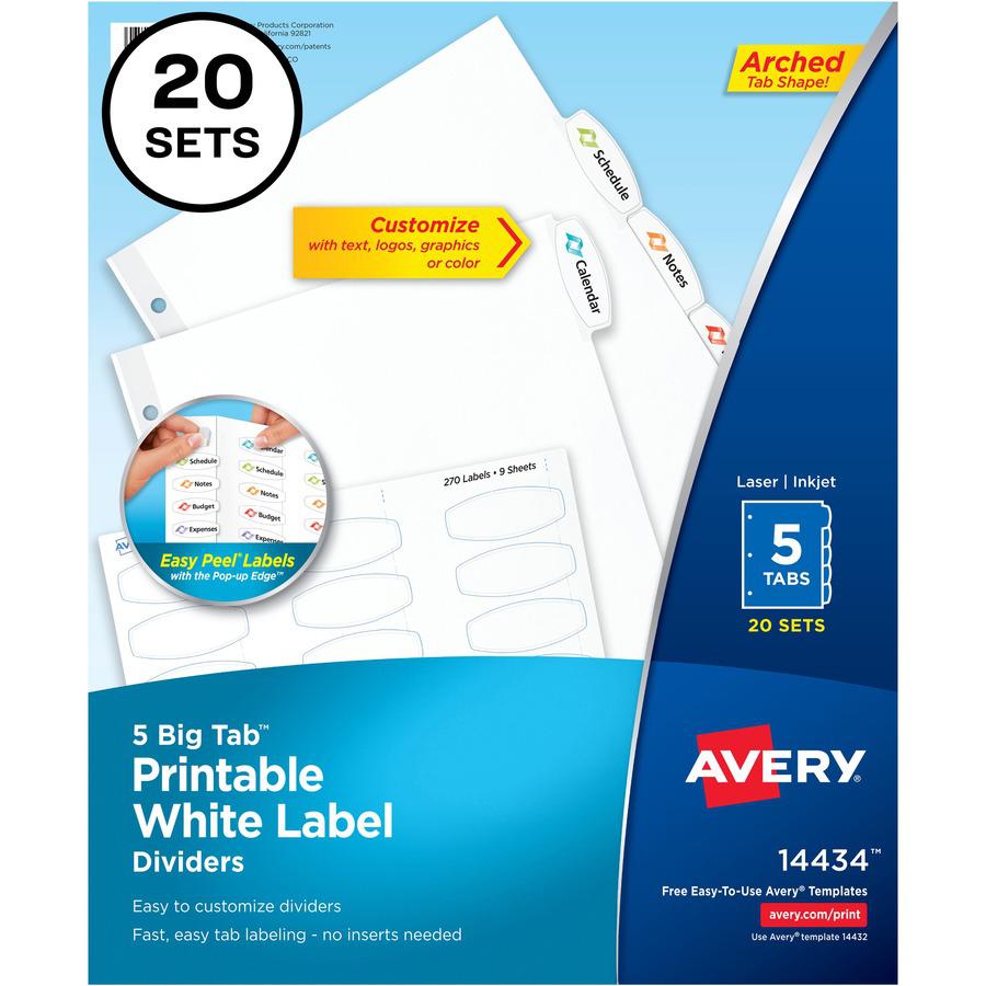 Avery&reg; Big Tab Printable White Label Dividers - 100 x Divider(s) - 5 - 5 Tab(s)/Set - 8.5" Divider Width x 11" Divider Length - 3 Hole Punched - White Paper Divider - White Paper Tab(s) - Recycled. Picture 2