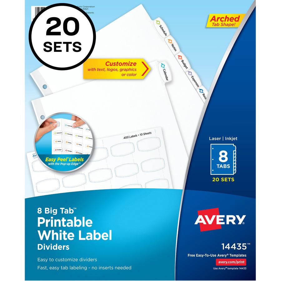 Avery&reg; Big Tab Printable White Label Dividers - 160 x Divider(s) - 8 - 8 Tab(s)/Set - 8.5" Divider Width x 11" Divider Length - 3 Hole Punched - White Paper Divider - White Paper Tab(s) - Recycled. Picture 3