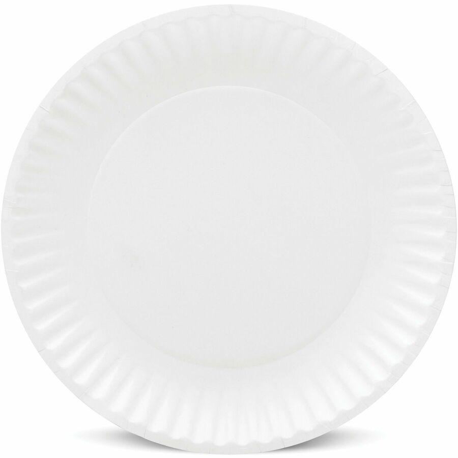 AJM 9" Dinnerware Paper Plates - Serving - Disposable - Microwave Safe - 9" Diameter - White - Paper Body - 100 / Pack. Picture 2