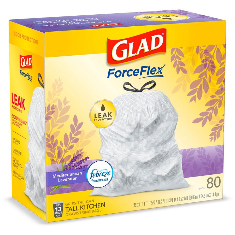 Glad ForceFlex Tall Kitchen Drawstring Trash Bags - Mediterranean Lavender with Febreze Freshness - 13 gal Capacity - 0.78 mil (20 Micron) Thickness - White - 80/Box - 80 Per Box - Garbage, Office, Ki. Picture 13