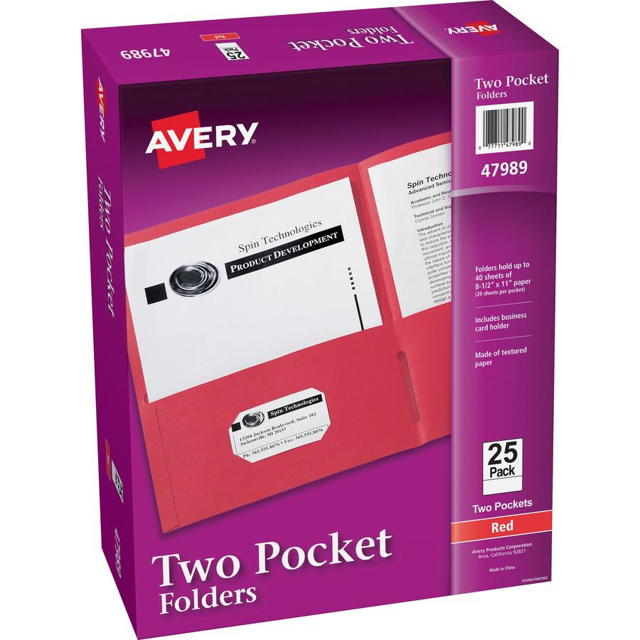 Avery&reg; Letter Pocket Folder - 8 1/2" x 11" - 40 Sheet Capacity - 2 Internal Pocket(s) - Embossed Paper - Red - 125 / Carton. Picture 2
