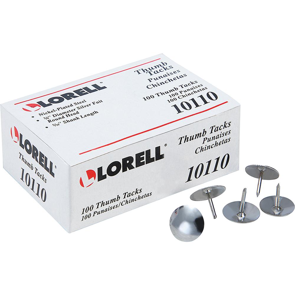 Lorell 5/16" Long Thumb Tacks - 0.31" Shank - 0.38" Head - for Schedule, Wall - 10 / Carton - Silver - Nickel Plated Steel. Picture 3