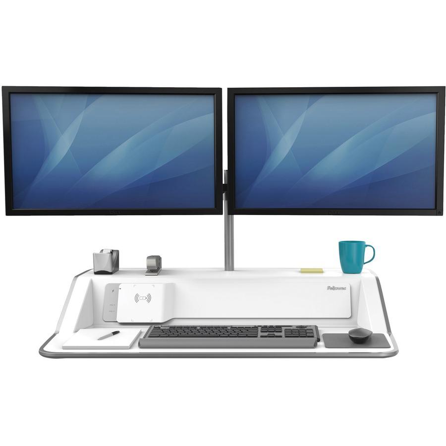 Fellowes Lotus&trade; DX Sit-Stand Workstation - White - 35 lb Load Capacity - 5.5" Height x 32.8" Width x 24.3" Depth - White. Picture 4