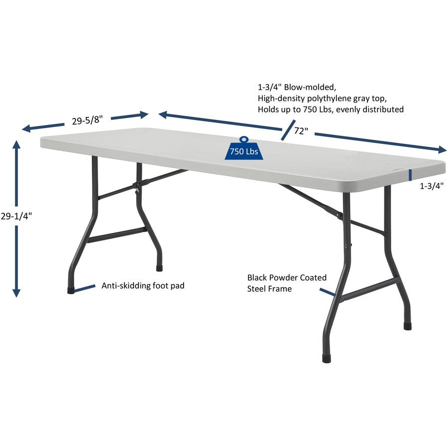 Lorell Extra-Capacity Ultra-Lite Folding Table - Light Gray Top - Dark Gray Base - 750 lb Capacity x 72" Table Top Width x 30" Table Top Depth - 29.25" Height - Gray - High-density Polyethylene (HDPE). Picture 11