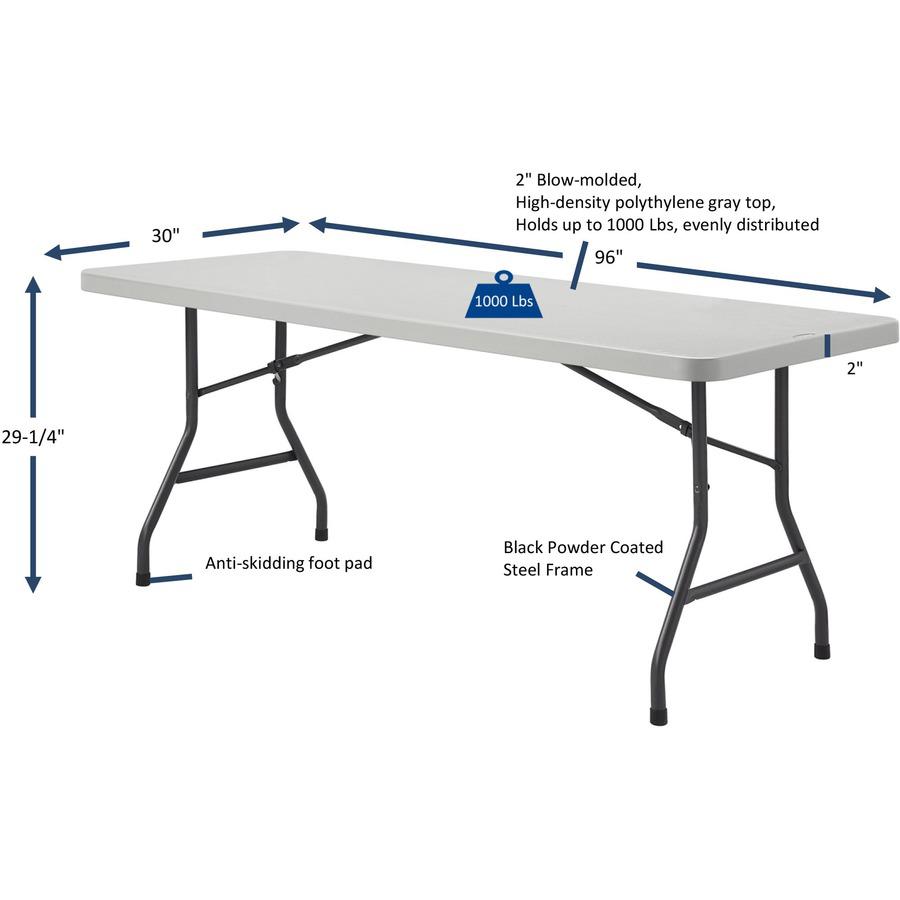 Lorell Extra-Capacity Ultra-Lite Folding Table - Light Gray Top - Dark Gray Base - 750 lb Capacity x 96" Table Top Width x 30" Table Top Depth - 29.25" Height - Gray - High-density Polyethylene (HDPE). Picture 11