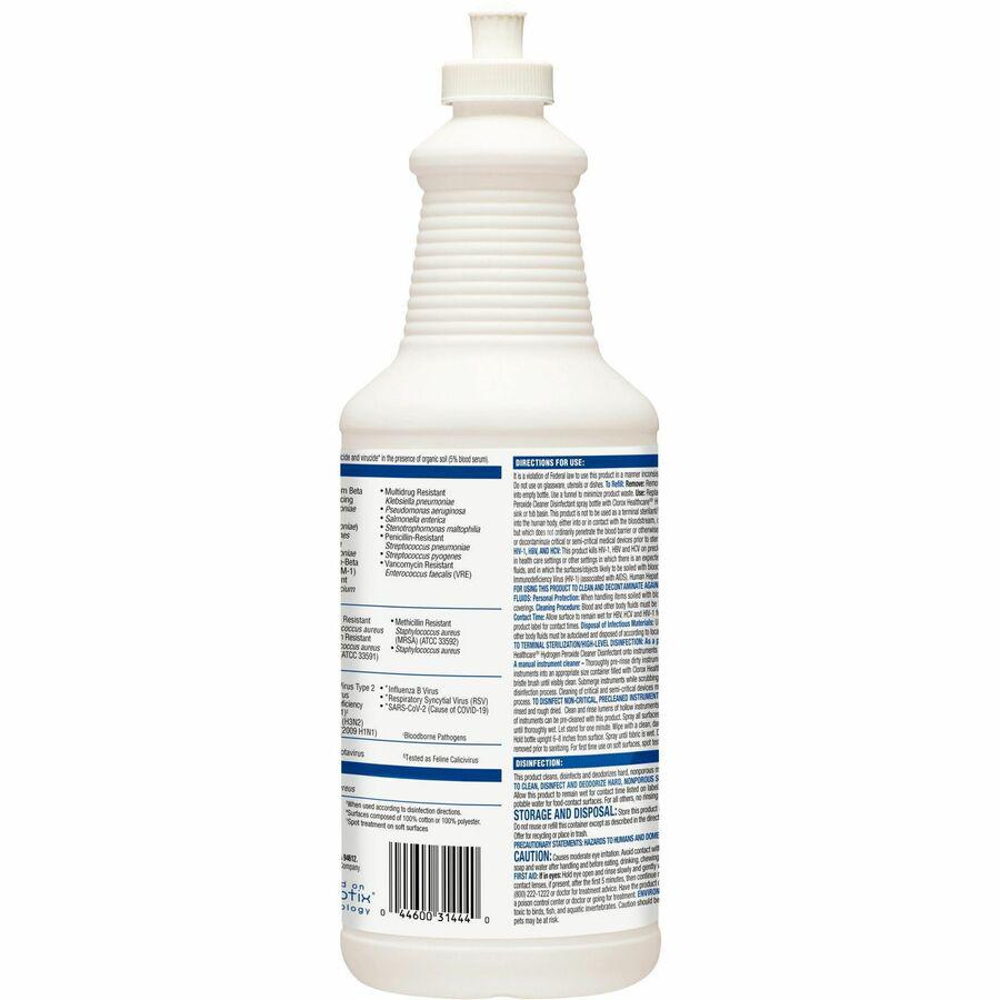 Clorox Healthcare Pull-Top Hydrogen Peroxide Cleaner Disinfectant - Ready-To-Use - 32 fl oz (1 quart) - 6 / Carton - Disinfectant - Clear. Picture 18