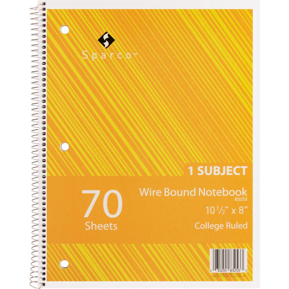 Sparco Wirebound Notebooks - 70 Sheets - Wire Bound - College Ruled - Unruled Margin - 16 lb Basis Weight - 8" x 10 1/2" - AssortedChipboard Cover - Subject, Stiff-cover, Stiff-back, Perforated, Hole-. Picture 3