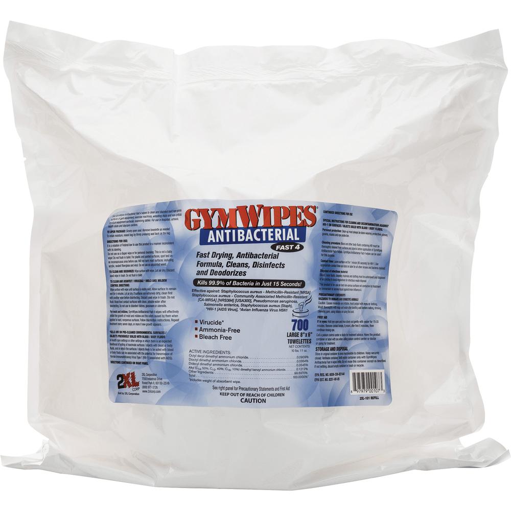 2XL GymWipes Antibacterial Towelettes Bucket Refill - For Multi Surface - 700 / Bag - 4 / Carton - Phenol-free, Hygienic, Anti-bacterial, Disinfectant, Disposable, Bleach-free, Alcohol-free, Disposabl. Picture 3
