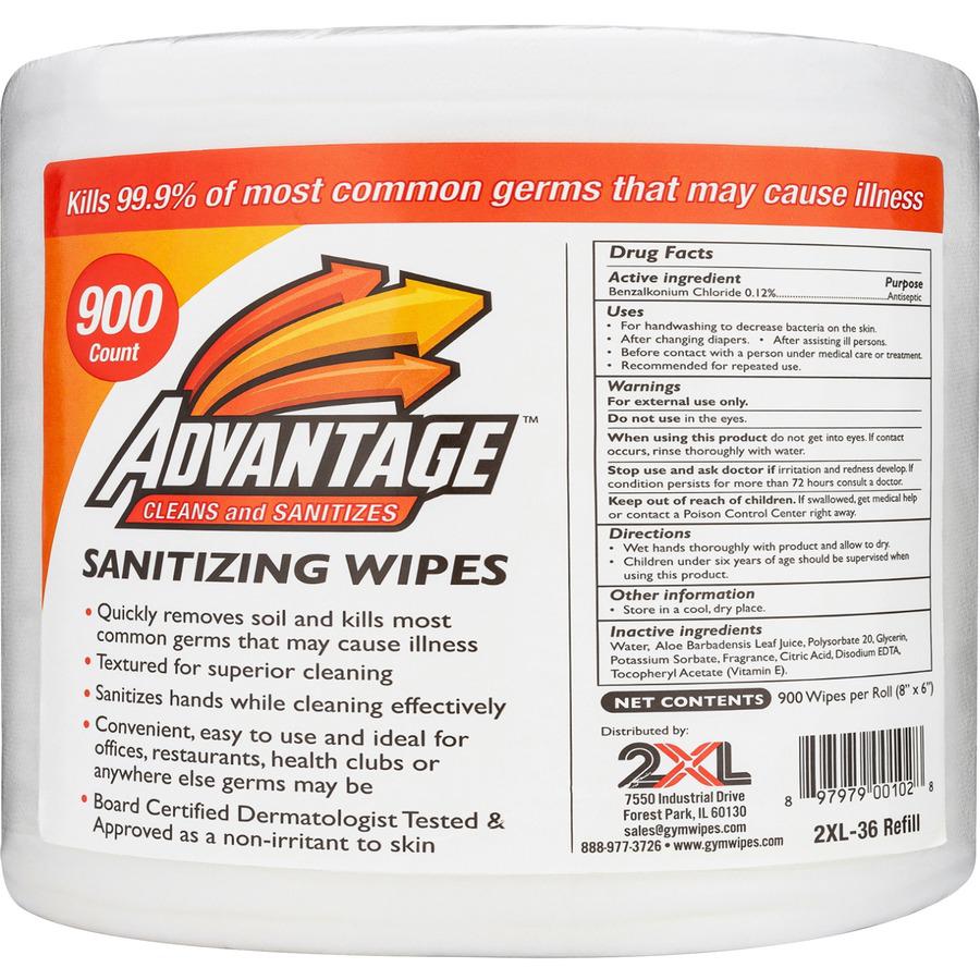 2XL Advantage Sanitizing Wipes - For Multi Surface - 8" Length x 6" Width - 900 / Roll - 4 / Carton - Alcohol-free, Phenol-free, Bleach-free, Ammonia-free, Non-toxic, Non-irritating - White. Picture 2
