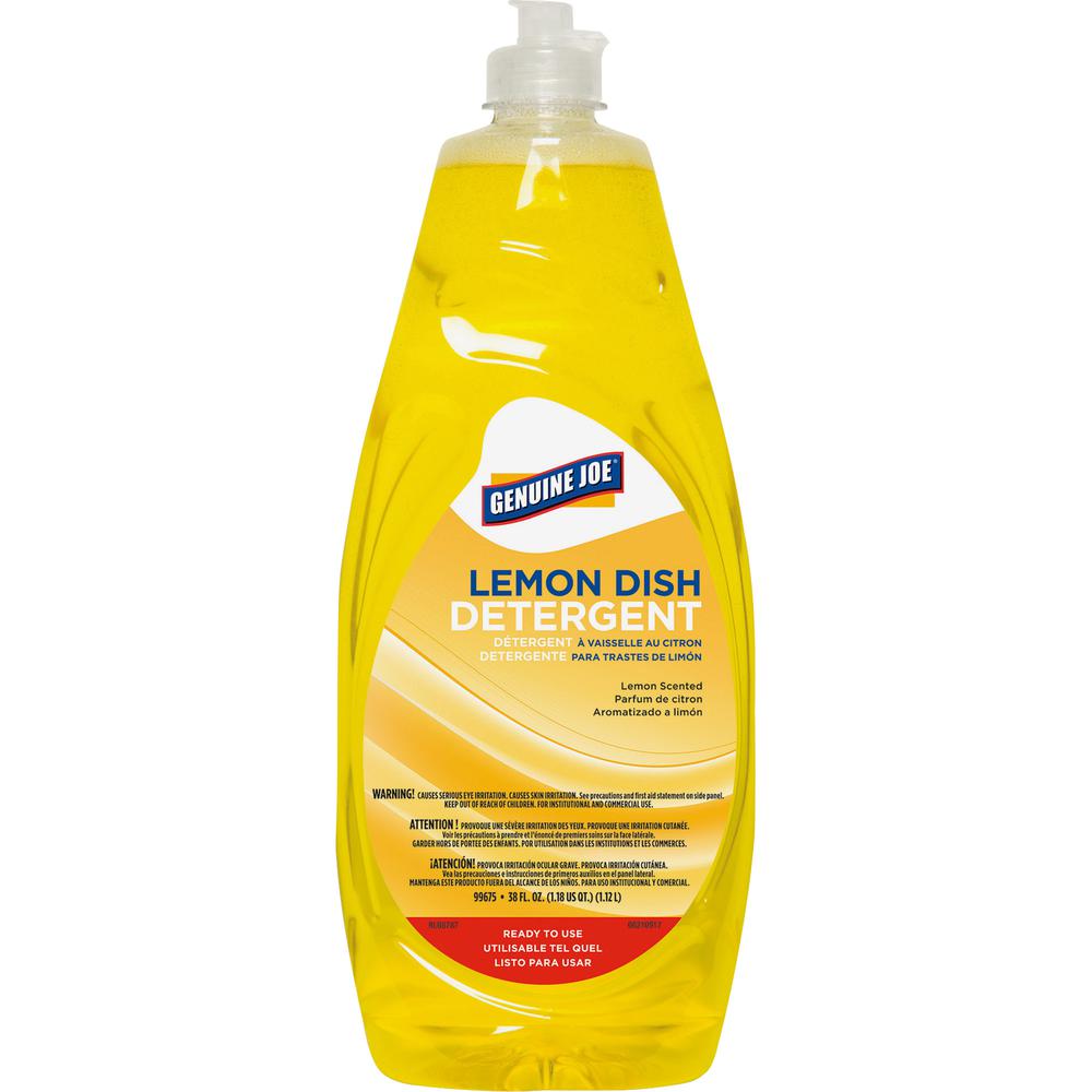 Genuine Joe Lemon Dish Detergent - Concentrate Liquid - 38 fl oz (1.2 quart) - Lemon Scent - 8 / Carton - Yellow. Picture 4