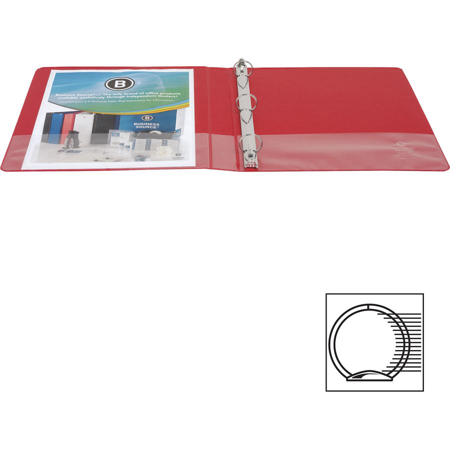 Business Source Basic Round Ring Binders - 1" Binder Capacity - Letter - 8 1/2" x 11" Sheet Size - 225 Sheet Capacity - 3 x Round Ring Fastener(s) - Internal Pocket(s) - Chipboard, Polypropylene - Red. Picture 7