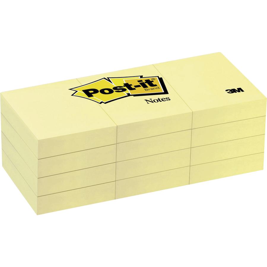 Post-it&reg; Notes Original Notepads - 1.38" x 1.88" - Rectangle - 100 Sheets per Pad - Unruled - Canary Yellow - Paper - Self-adhesive, Repositionable - 24 / Bundle. Picture 2
