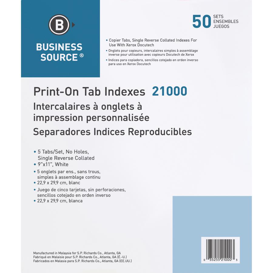 Business Source Tab Printer Economy Index Dividers - Print-on Tab(s) - 5 Tab(s)/Set - 8.5" Divider Width x 11" Divider Length - Letter - White Divider - White Tab(s) - 50 / Box. Picture 12