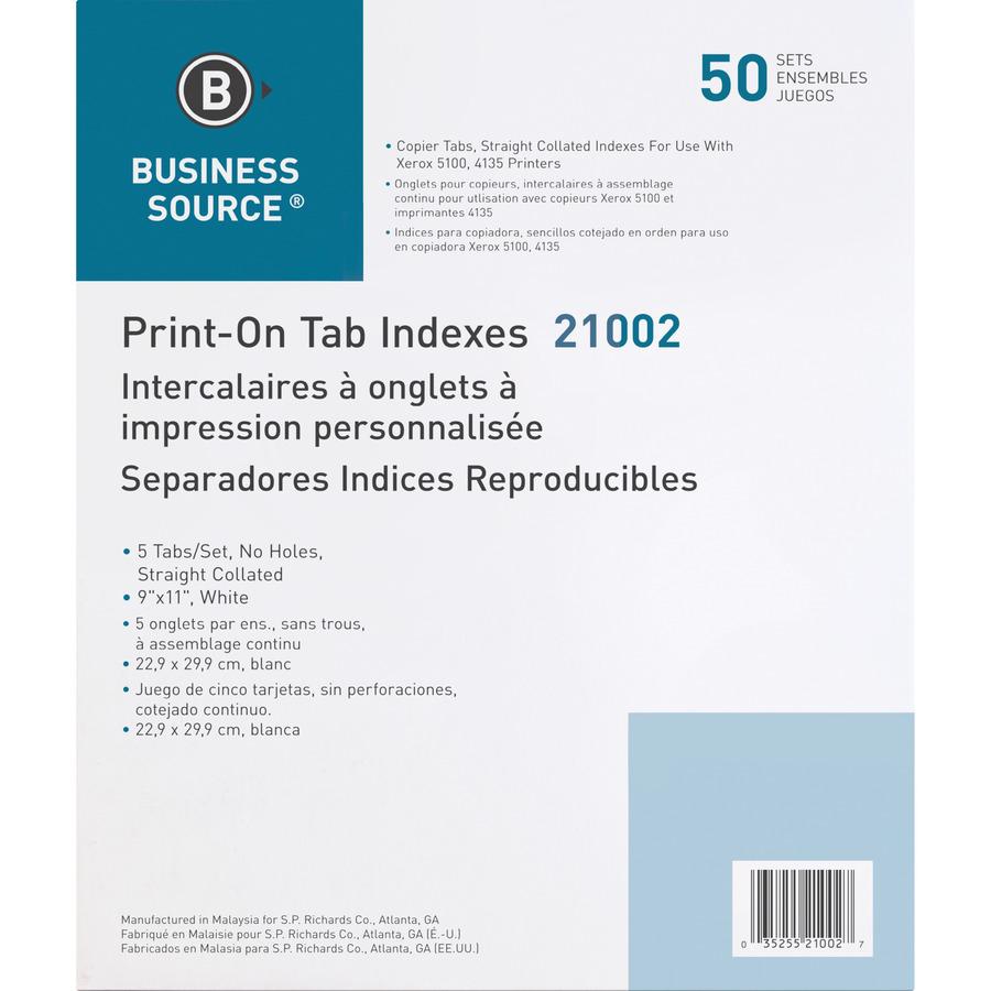 Business Source Straight Collated Print-on Tab Divider - Print-on Tab(s) - 5 Tab(s)/Set - 9" Divider Width x 11" Divider Length - Letter - White Divider - White Tab(s) - 50 / Box. Picture 7