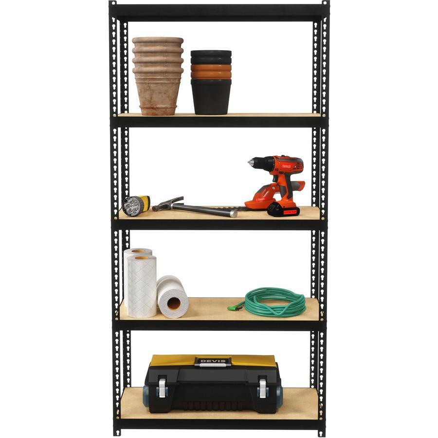Lorell Narrow Riveted Shelving - 5 Shelf(ves) - 60" Height x 30" Width x 12" Depth - 28% Recycled - Black - Steel - 1 Each. Picture 9