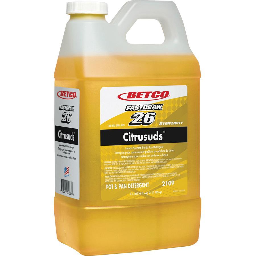 Betco Symplicity Citrusuds Pot/Pan Detergent - FASTDRAW 26 - Concentrate - 67.6 fl oz (2.1 quart) - Lemon Scent - 4 / Carton - Heavy Duty, Spill Proof, Phosphate-free - Yellow. Picture 2