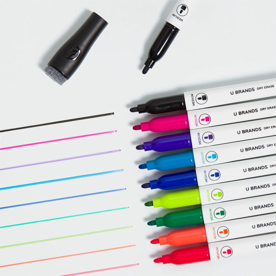 U Brands Dry Erase Marker - Medium Marker Point - Tapered Marker Point Style - Black, Blue, Light Blue, Purple, Pink, Red, Light Green, Dark Green, Orange - White Plastic Barrel - 10 / Pack. Picture 3