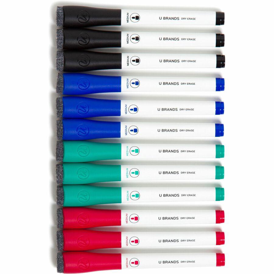 U Brands Low-Odor Dry-Erase Markers with Erasers - Medium Marker Point - Tapered Marker Point Style - Assorted - White Plastic Barrel. Picture 3