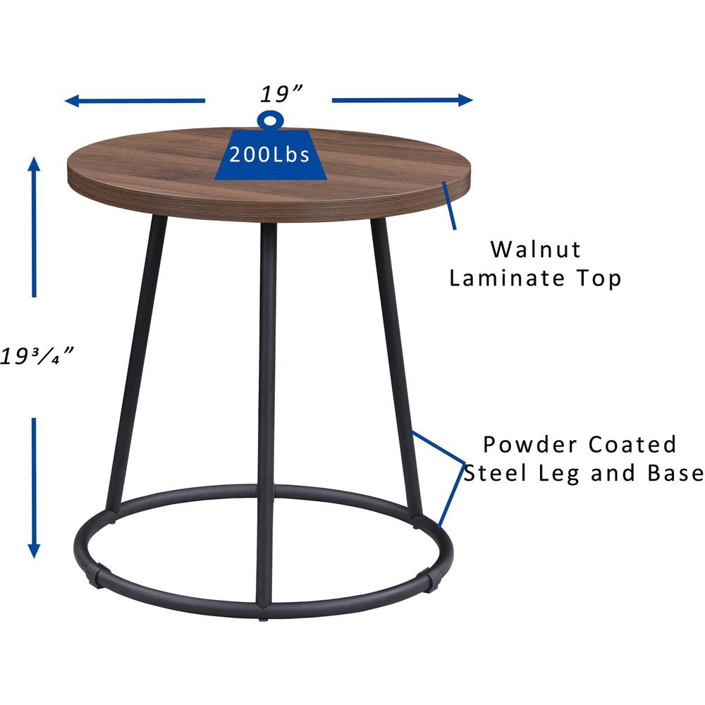 Lorell Accession End Table - Round Top - Powder Coated Four Leg Base - 4 Legs - 200 lb Capacity x 1" Table Top Thickness x 19" Table Top Diameter - 19.75" Height - Assembly Required - Walnut - Laminat. Picture 2