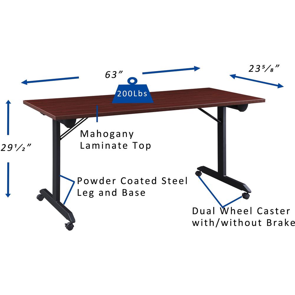 Lorell Mobile Folding Training Table - Rectangle Top - Powder Coated Base - 200 lb Capacity x 63" Table Top Width - 29.50" Height x 63" Width x 24" Depth - Assembly Required - Mahogany - Laminate Top . Picture 11