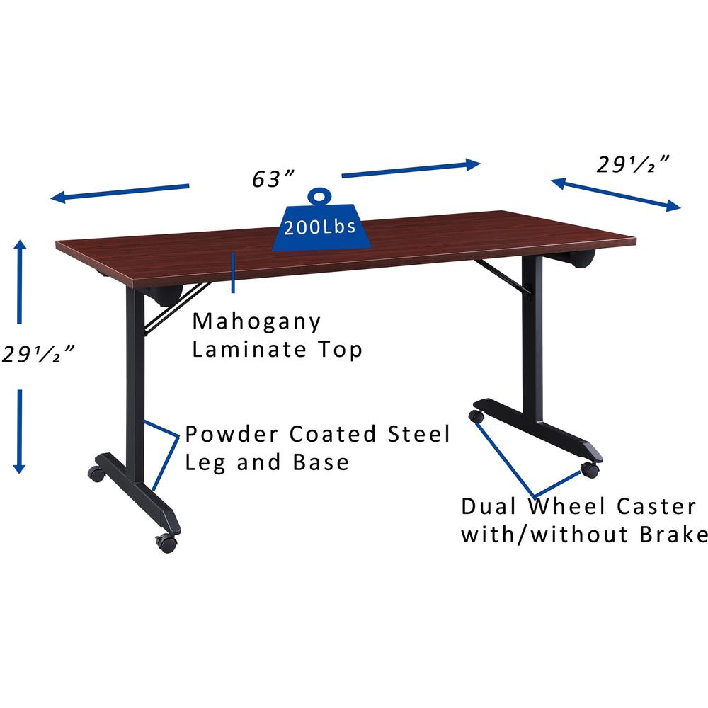 Lorell Mobile Folding Training Table - Rectangle Top - Powder Coated Base - 200 lb Capacity x 63" Table Top Width - 29.50" Height x 63" Width x 29.50" Depth - Assembly Required - Brown - Laminate Top . Picture 5