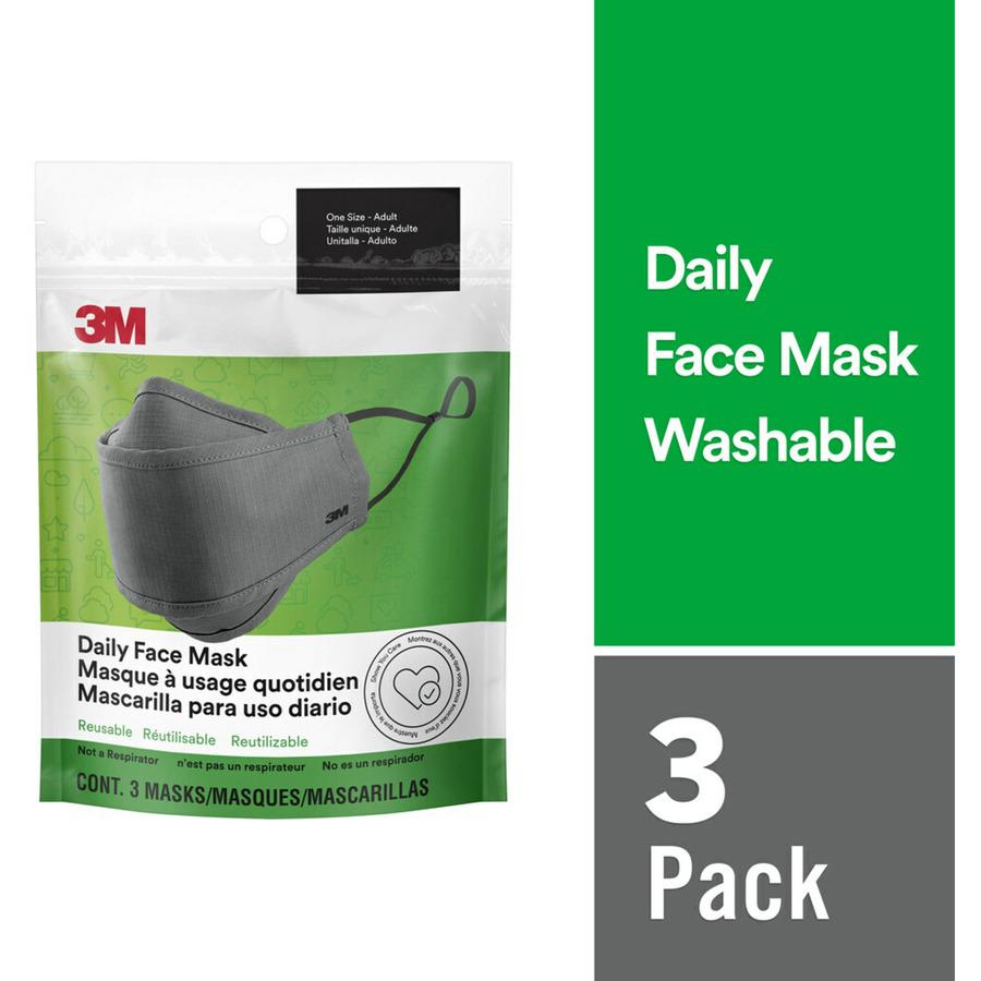 3M Daily Face Masks - Recommended for: Face, Indoor, Outdoor, Office, Transportation - Cotton, Fabric - Gray - Lightweight, Breathable, Adjustable, Elastic Loop, Nose Clip, Comfortable, Washable - 3 /. Picture 5