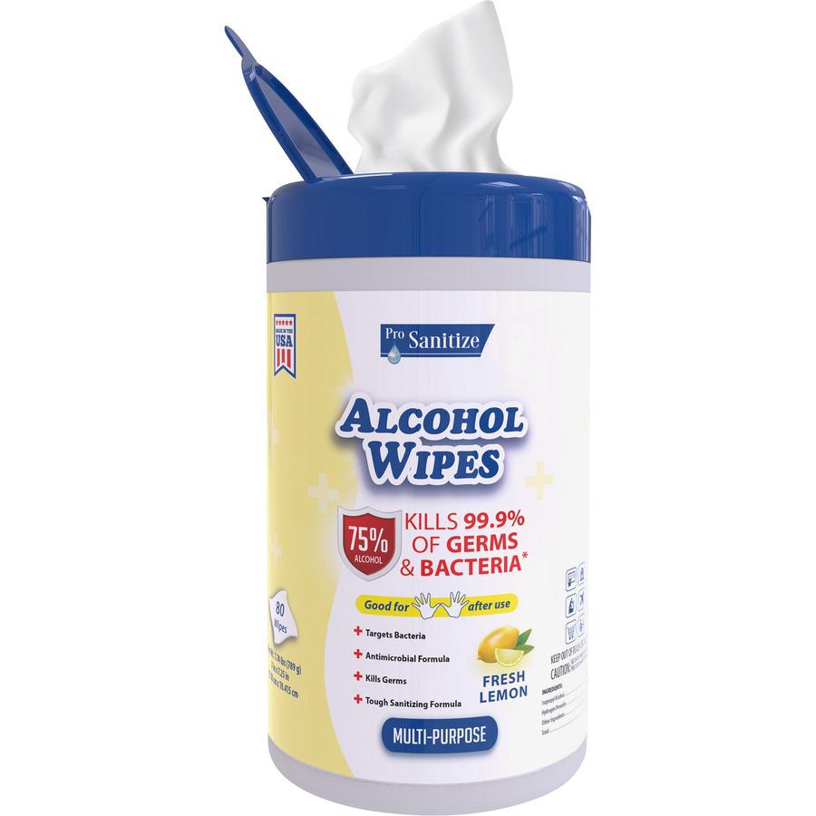 Pro Sanitize Multi-Purpose Alcohol Hand Wipes - Wipe - Lemon Scent - 80 / Canister - 960 / Carton - White. Picture 5