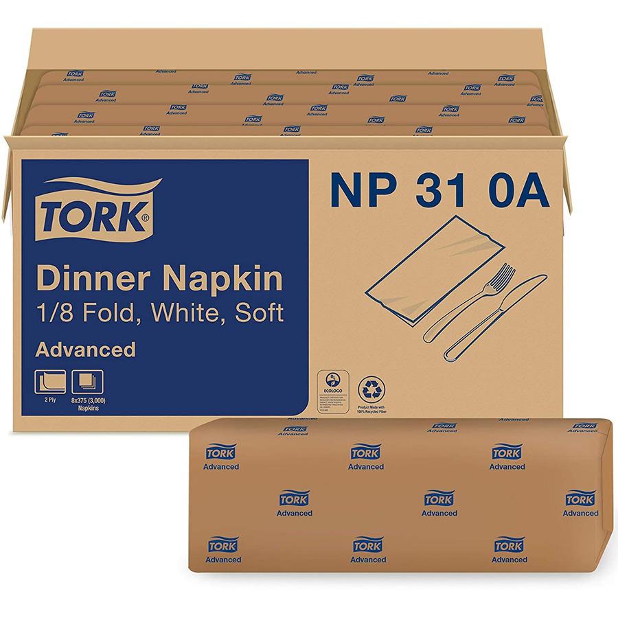 Tork White Dinner Napkin - Tork White Dinner Napkin, Advanced, 1/8 Fold 2-ply, 8 x 375 napkins, 15" x 16.25" , NP310A. Picture 2