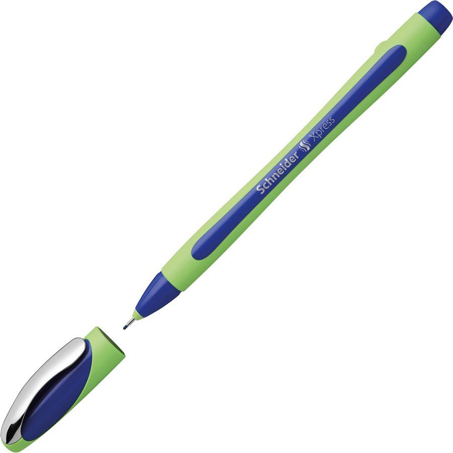 Schneider Xpress Fineliner Pen - Medium Pen Point - 0.8 mm Pen Point Size - Blue - Blue Rubberized, Green Barrel - Stainless Steel Tip - 10 / Pack. Picture 6