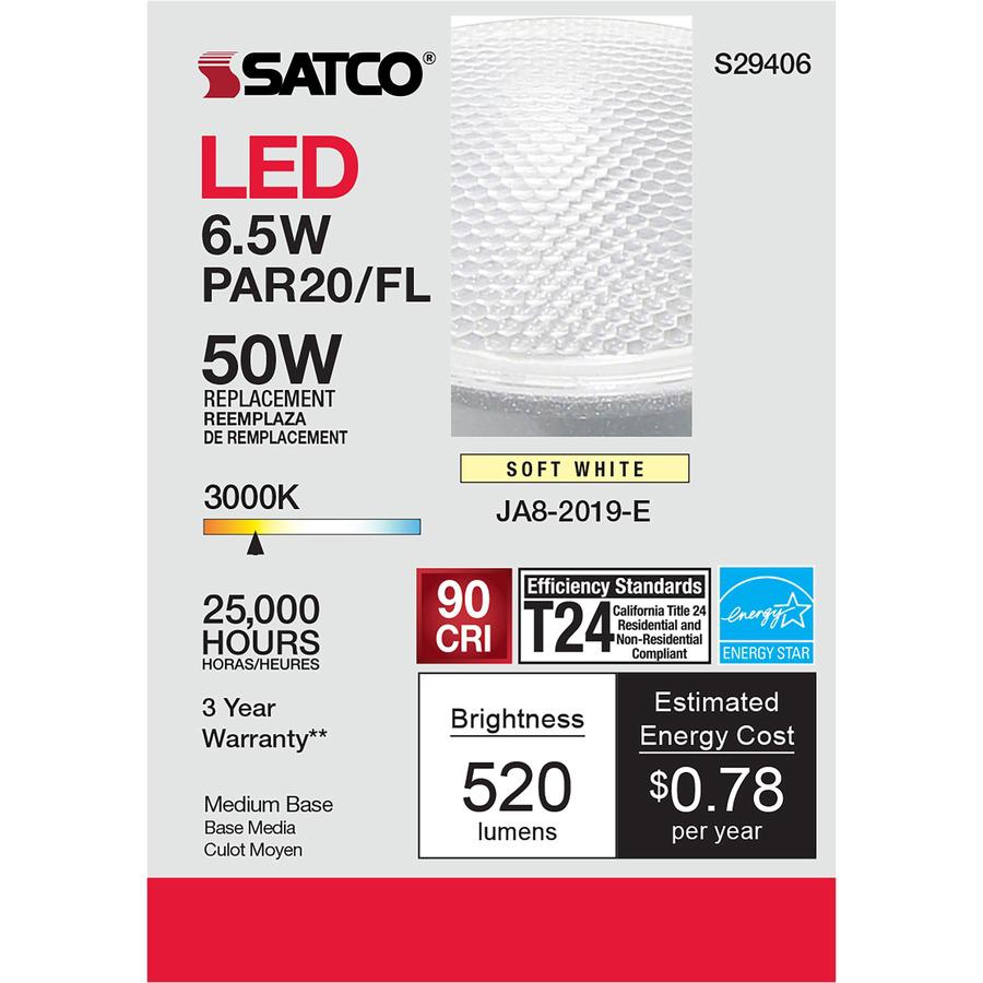 Satco 6.5W PAR 20 LED Bulb - 6.50 W - 50 W Incandescent Equivalent Wattage - 120 V AC - 520 lm - Parabolic Reflector - PAR20 Size - Clear - Warm White Light Color - E26 Base - 25000 Hour - 4940.3&deg;. Picture 4