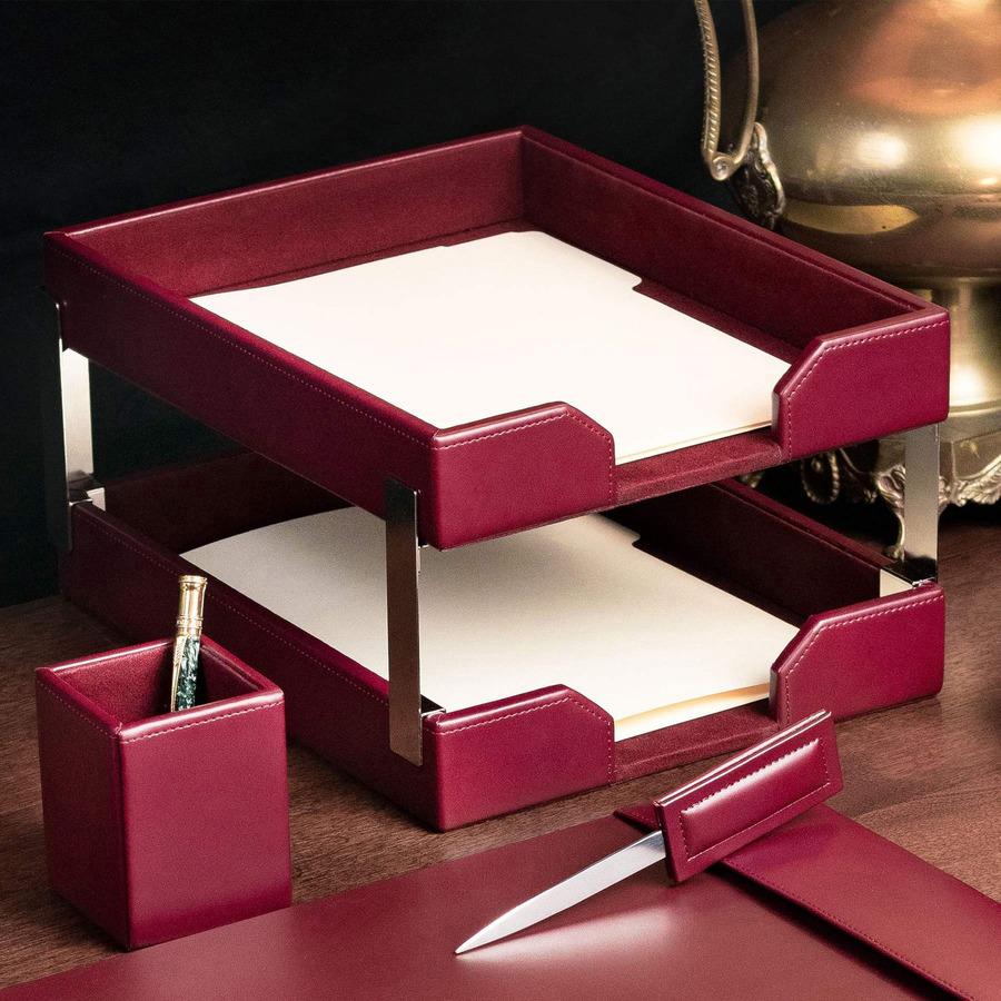 Dacasso Burgundy Bonded Leather Double Letter Trays - Desktop - Bonded Leather, Velveteen - 1 Each. Picture 5