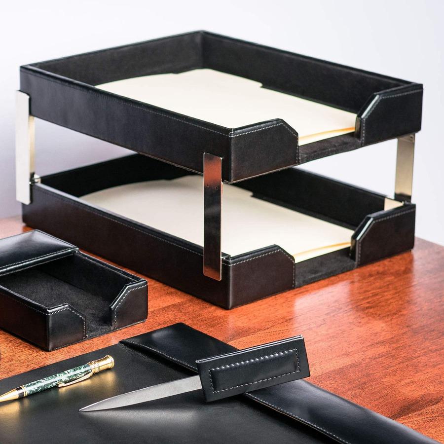 Dacasso Bonded Leather Double Letter Trays - Desktop - Black - Bonded Leather, Velveteen - 1 Each. Picture 5