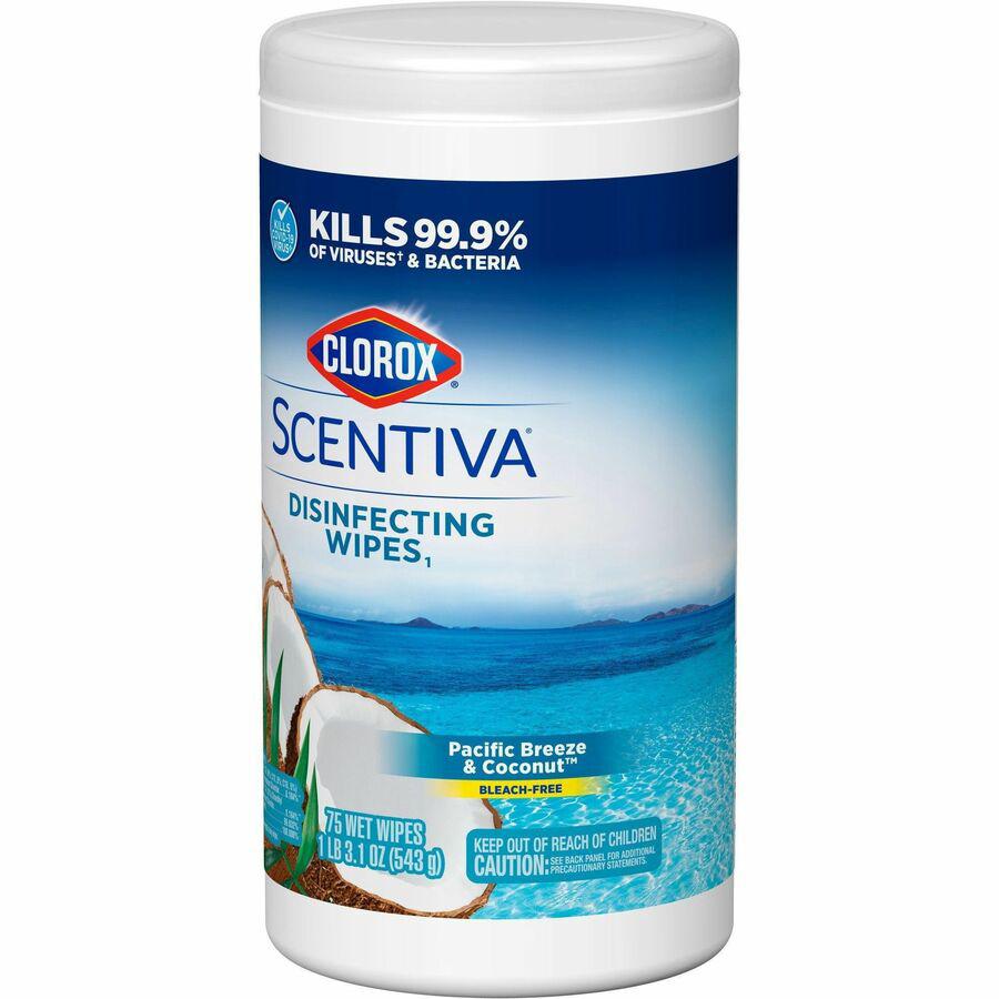 Clorox Scentiva Wipes, Bleach Free Cleaning Wipes - Ready-To-Use - Pacific Breeze & Coconut Scent - 75 / Canister - 1 Each - Bleach-free, Disinfectant, Deodorize - White. Picture 14