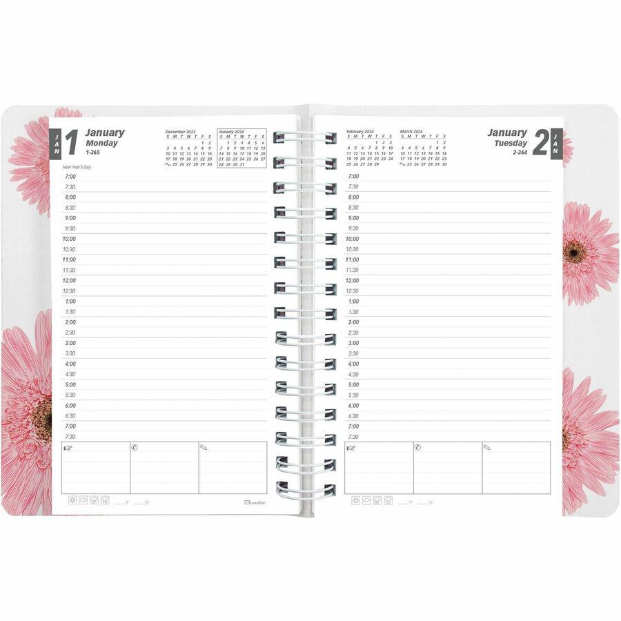 Brownline Essential Daily/Monthly Planner Book - Daily, Monthly - 12 Month - January - December - 7:00 AM to 7:30 PM - Half-hourly - 1 Day Single Page Layout - 8" x 5" Sheet Size - Twin Wire - Pink - . Picture 9
