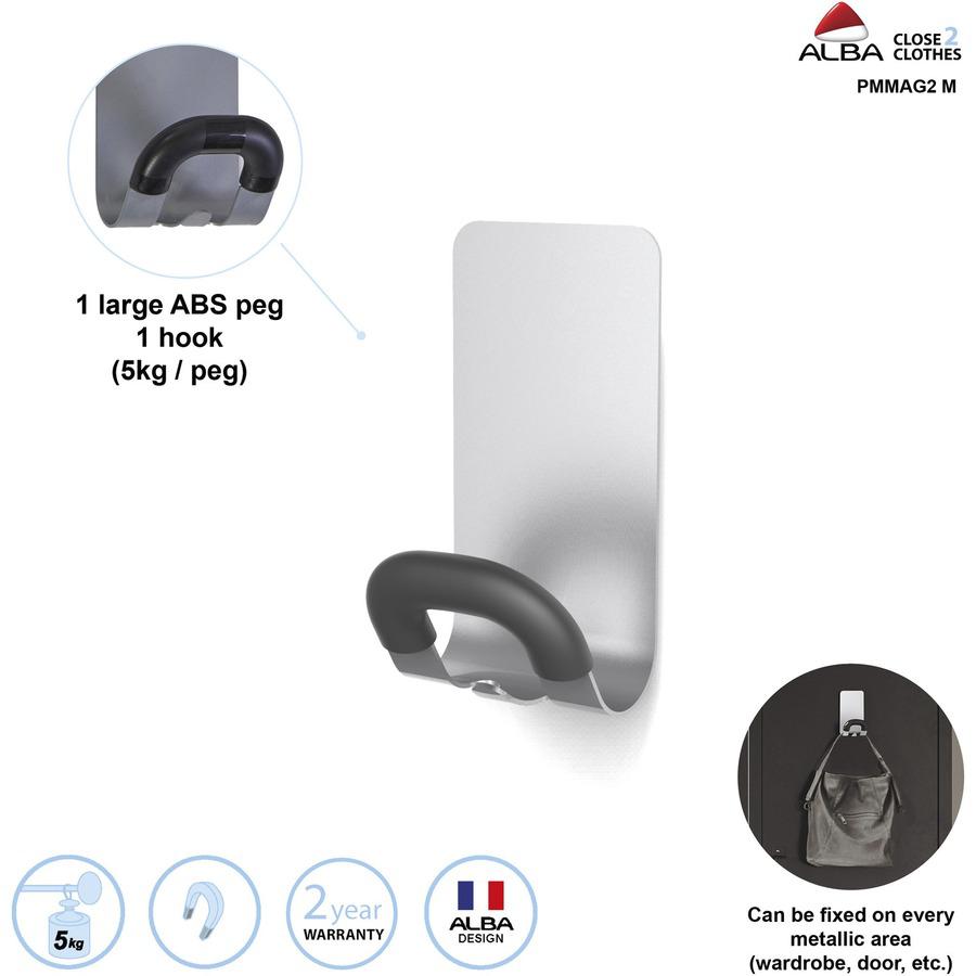 Alba Magnetic Coat Hook - 11.02 lb (5 kg) Capacity - for Coat, Metal, Cabinet, Door, Clothes, Umbrella, Key, Accessories - Acrylonitrile Butadiene Styrene (ABS) - Gray - 1 Each. Picture 3