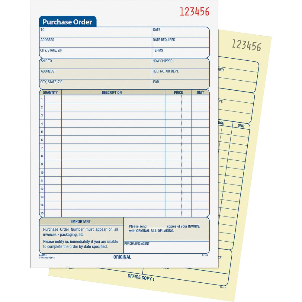 Adams Carbonless Purchase Order Statement - Tape Bound - 2 PartCarbonless Copy - 5.56" x 8.43" Sheet Size - 2 x Holes - White, Canary - Assorted Sheet(s) - 1 Each. Picture 4