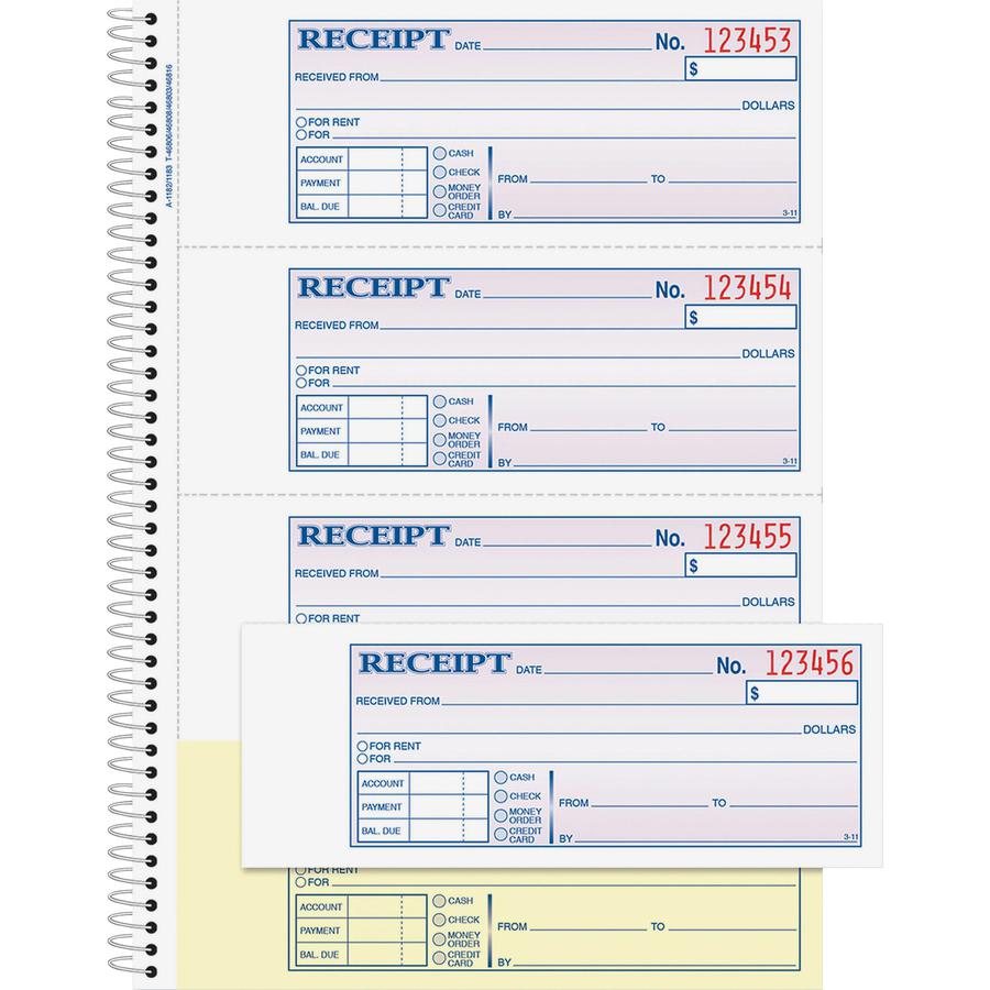 Adams Spiral 2-part Money/Rent Receipt Book - 200 Sheet(s) - Spiral Bound - 2 Part - 2.75" x 7.62" Form Size - White, Canary - Assorted Sheet(s) - 1 Each. Picture 2